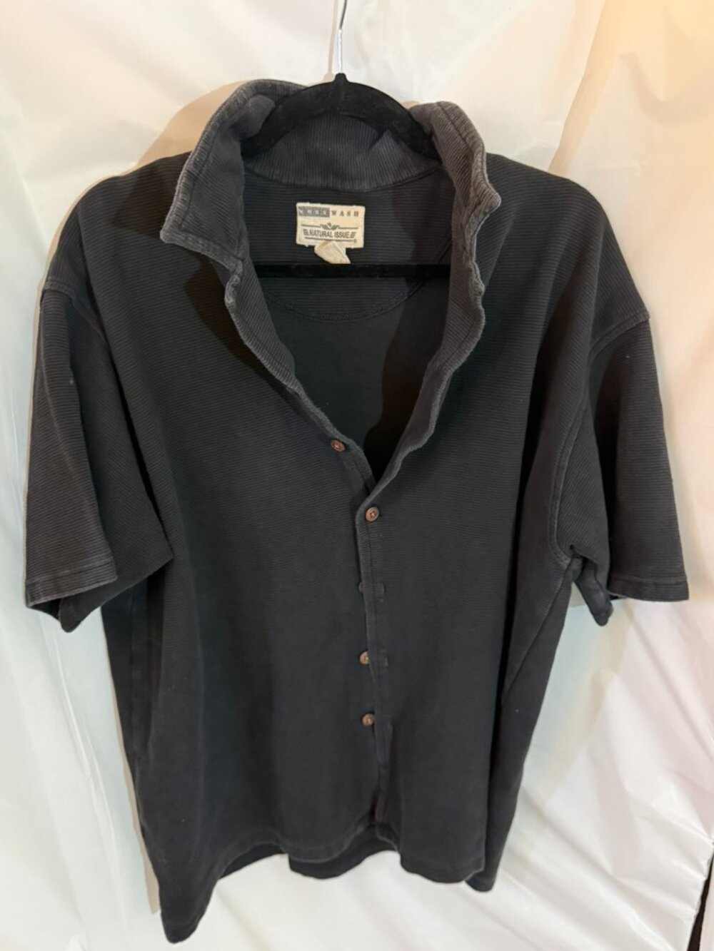 Natural Issue Worn Wash Black Ribbed Polo Shirt L